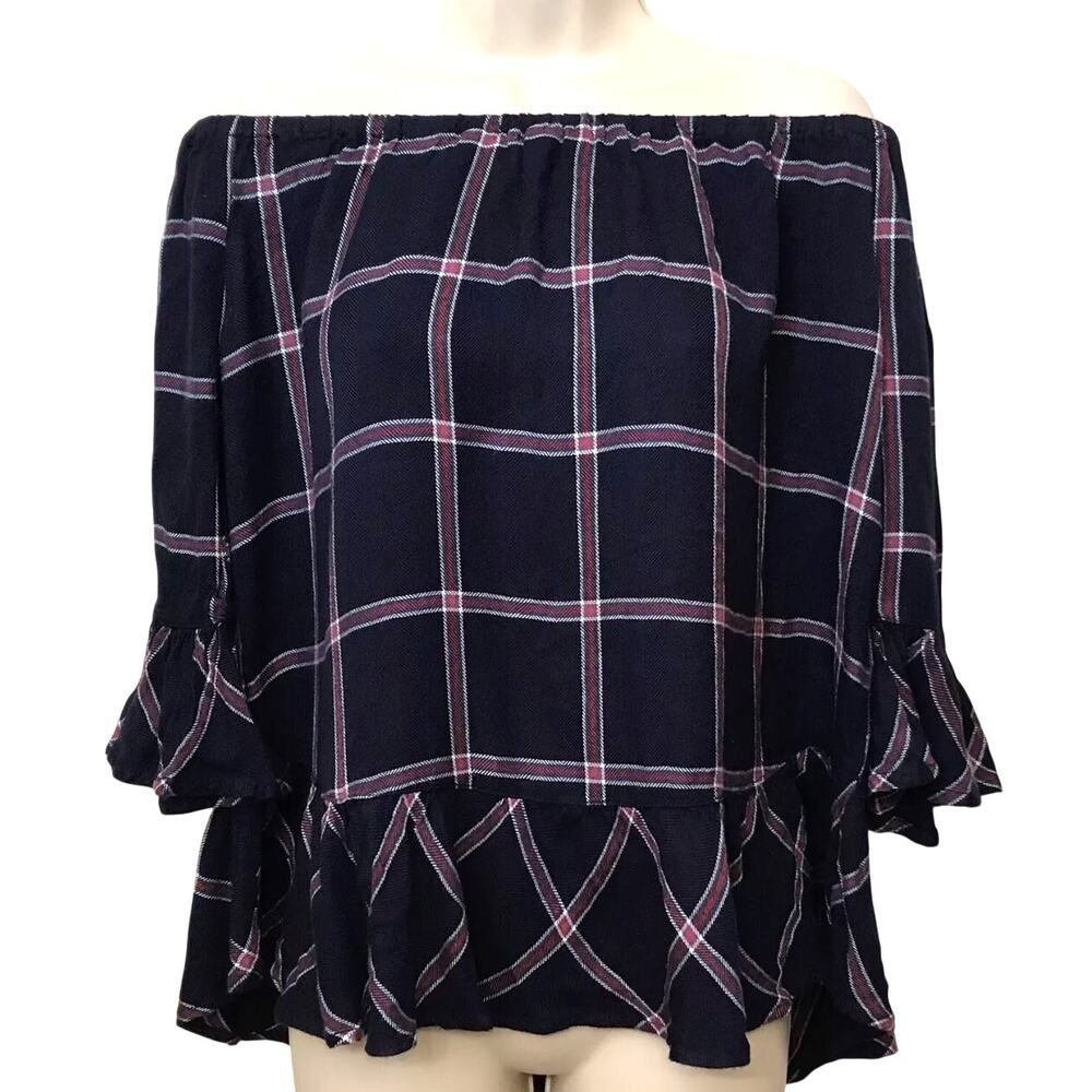 Beach Lunch Lounge Blouse M Blue Pink White Plaid 3/4 Bell Sleeves Peplum Preppy
